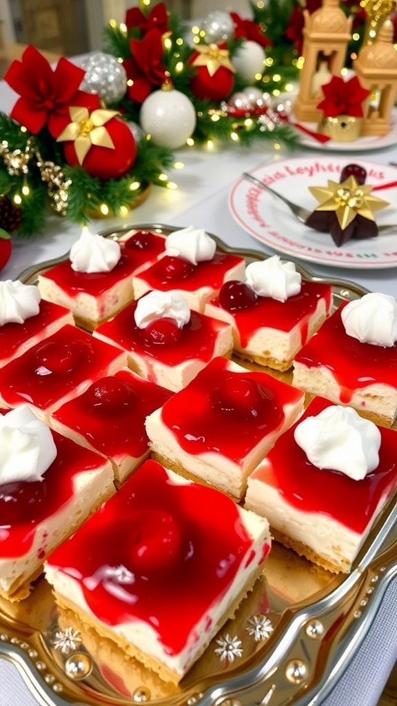 A festive platter of cherry cheesecake bars with cherry topping on a holiday table.